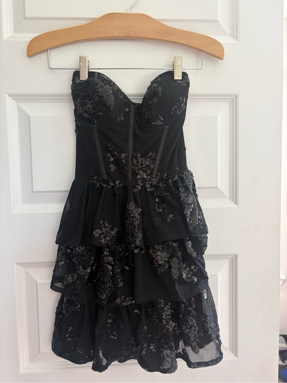 Lulu's Definite Glamour Black Mesh Sequin Bustier Tiered Mini Dress, Size S